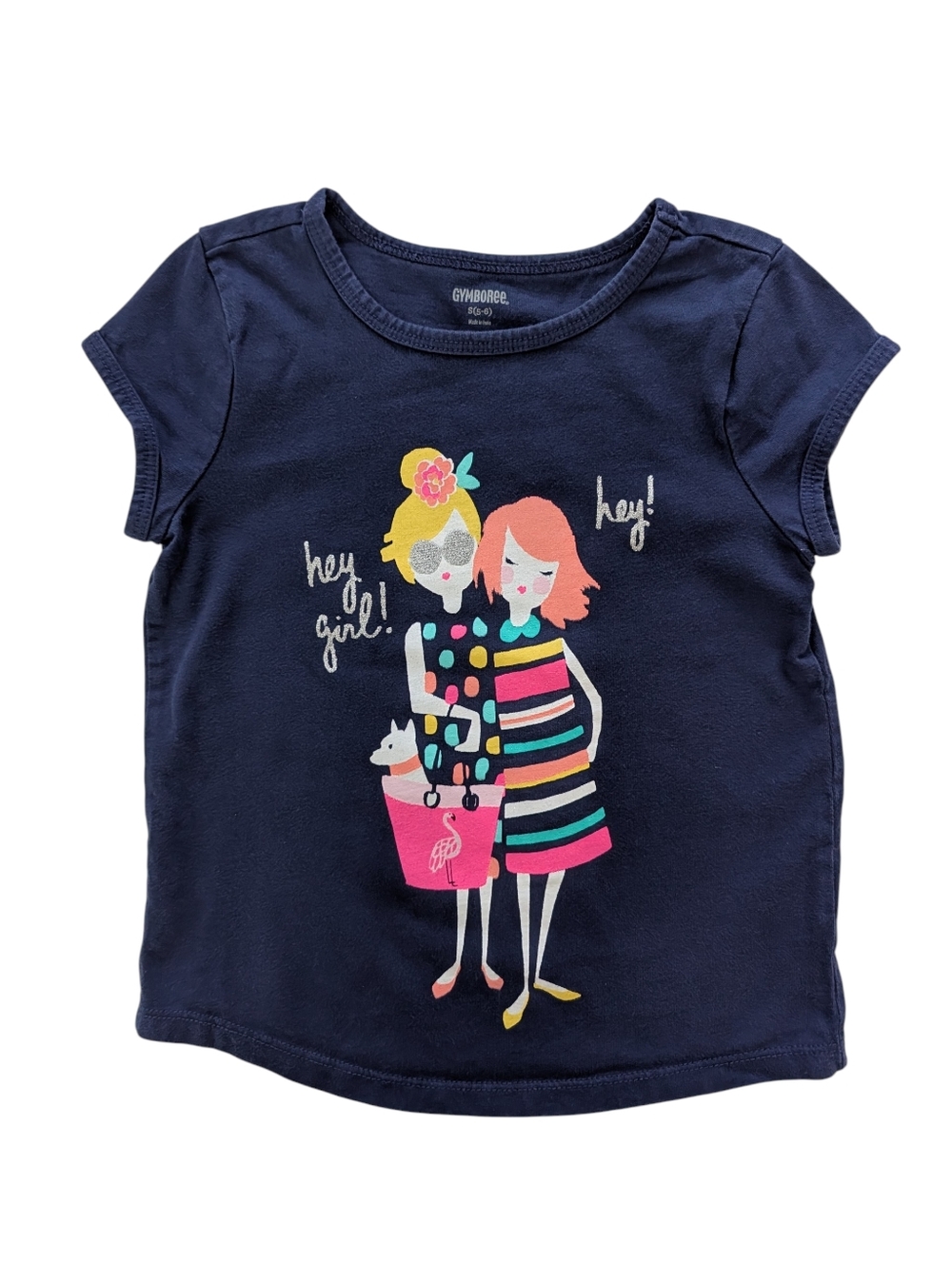 Gymboree Girls Navy Graphic 'Hey Girl' Short Sleeve Tee Cotton Size S (5/6) - Picture 1 of 7